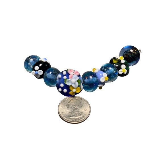 Handmade Floral Lampwork Glass Beads Blue & Black 9 Pieces - Picture 1 of 5